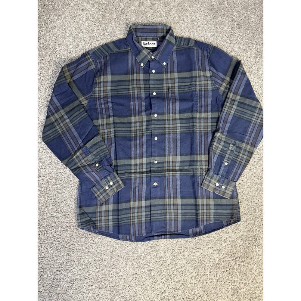 Barbour Shirt Mens L Blue Plaid Long Sleeve Button Up Tailored Fit Cotton Twill